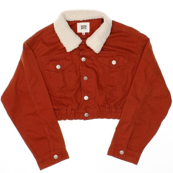 Madden NYC Crop Jacket Womens M Burnt Orange Cotton Button Front Elastic Hem - Picture 1 of 6